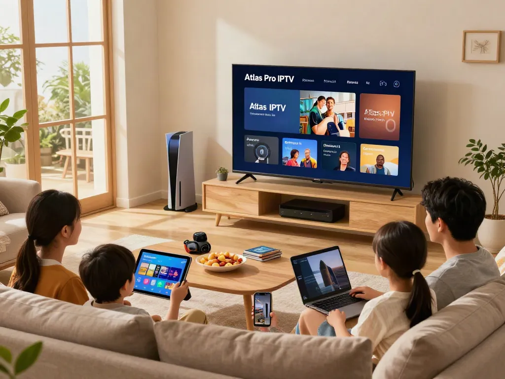 Téléchargez Atlas Pro IPTV dans votre salon moderne avec une famille profitant de divertissements.
