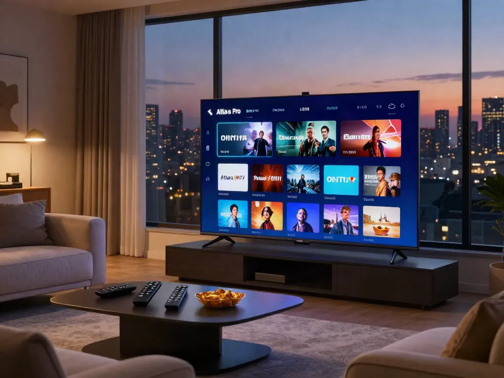 Configuration moderne de télévision avec Atlas Pro ONTV dans un salon moderne.