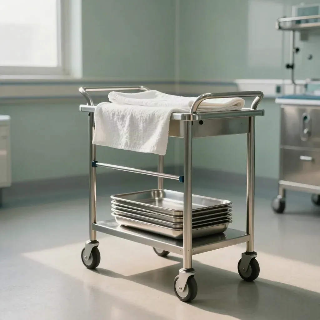 Chariot d’instrumentation en inox avec plateaux stériles et linge plié, lumière douce de matin.