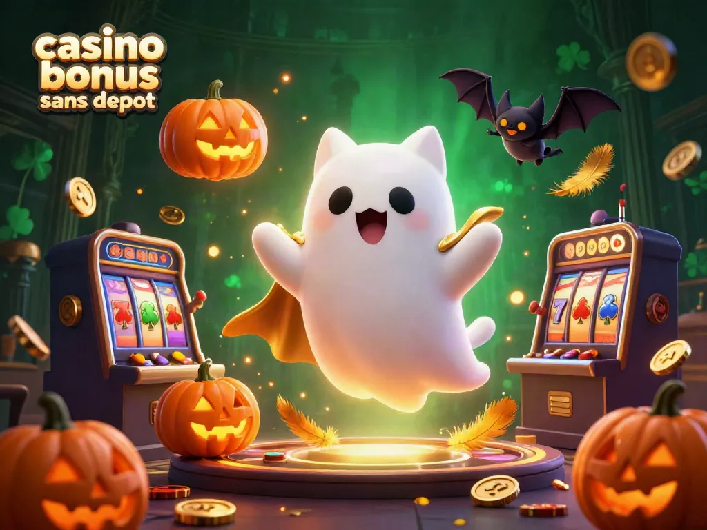 Un casino bonus sans dépôt animé avec un chat fantôme et une chauve-souris, entouré de machines à sous et de jetons.